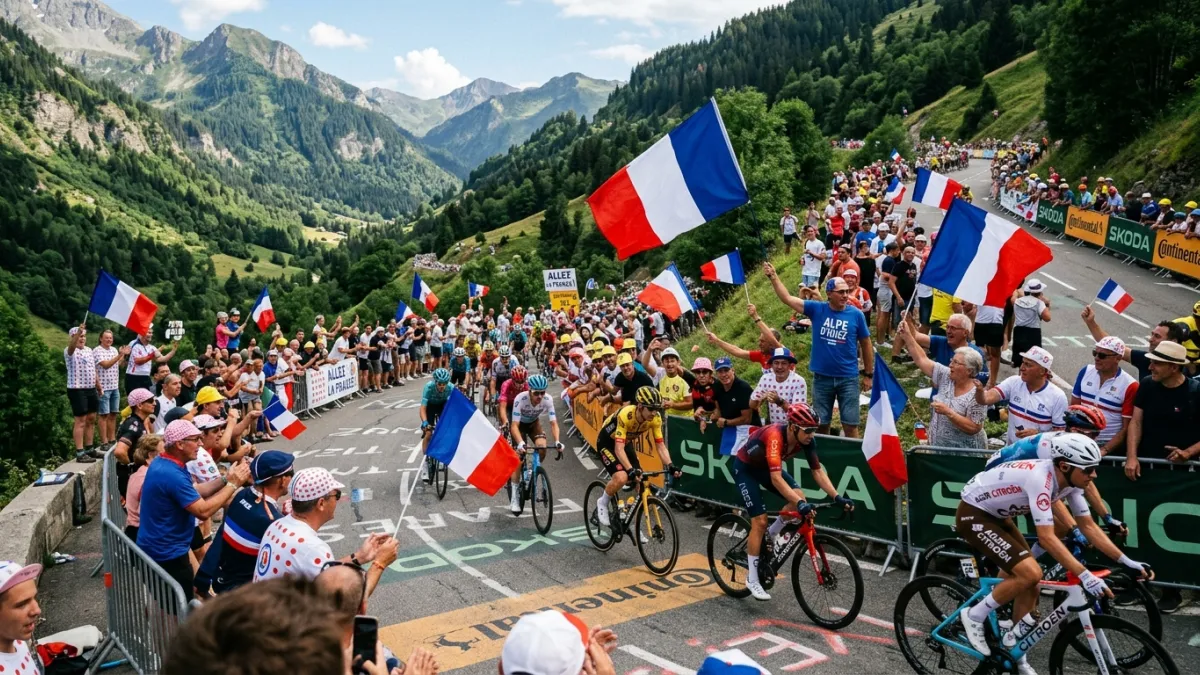 Une photo d'une route du Tour de France avec des spectateurs au drapeau français
