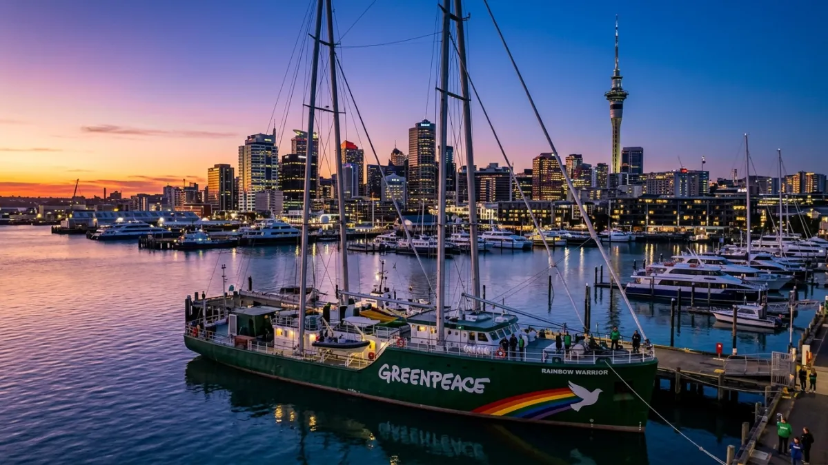 A professional photograph of the Rainbow Warrior ship with its iconic rainbow logo on the hull, dock