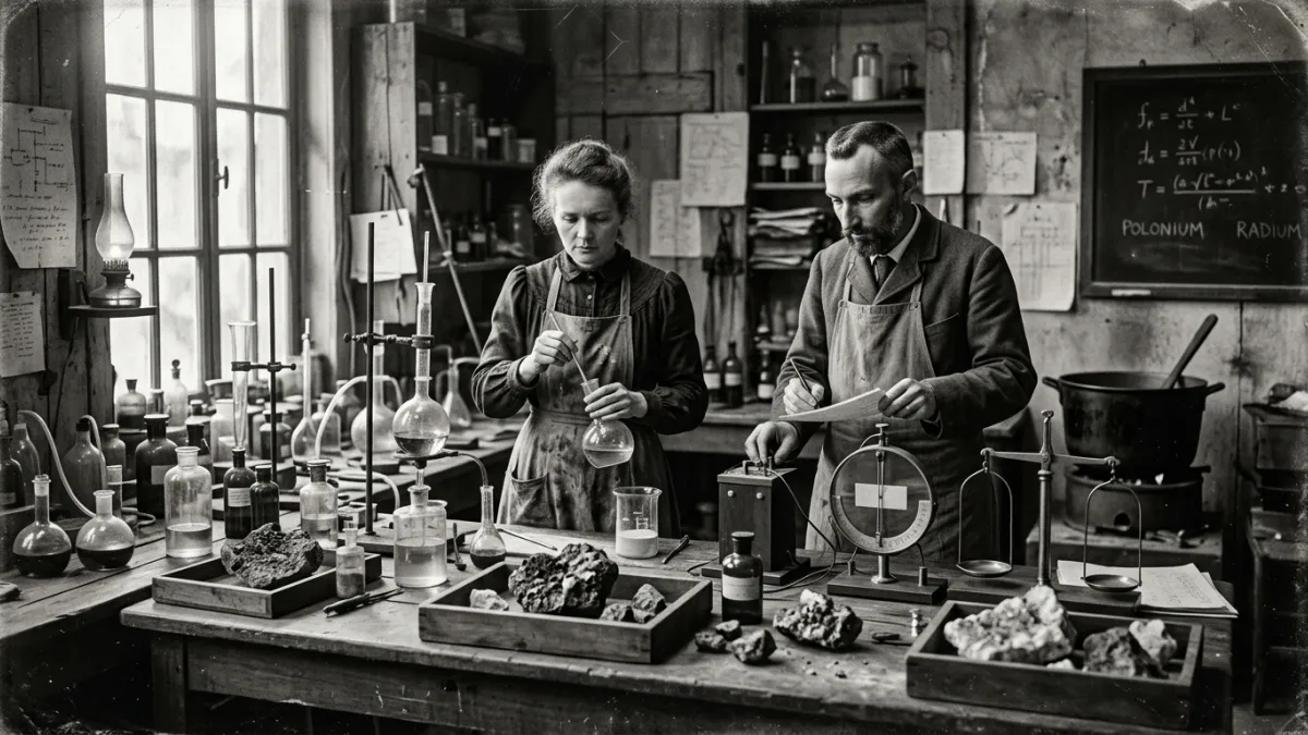 Une photographie d'époque de Marie et Pierre Curie travaillant dans leur laboratoire parisien de la 