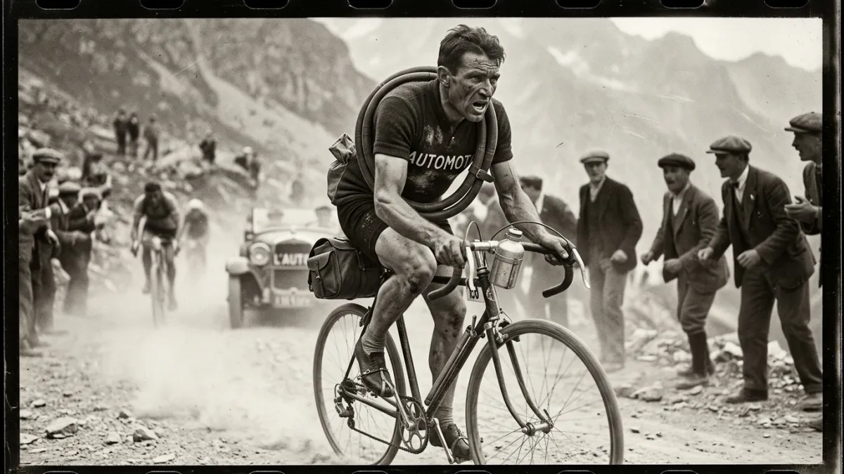 Une photographie vintage en noir et blanc montrant le cycliste Henri Pélissier en plein effort sur s