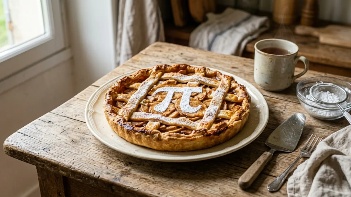 Une délicieuse tarte ronde faite maison avec le symbole mathématique Pi (π) dessiné au sucre glace s