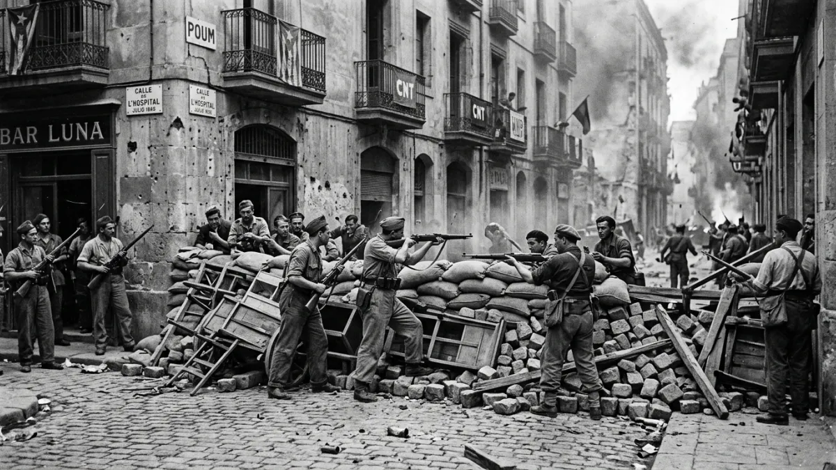 Photographie historique en noir et blanc montrant des soldats et des barricades dans une rue espagno