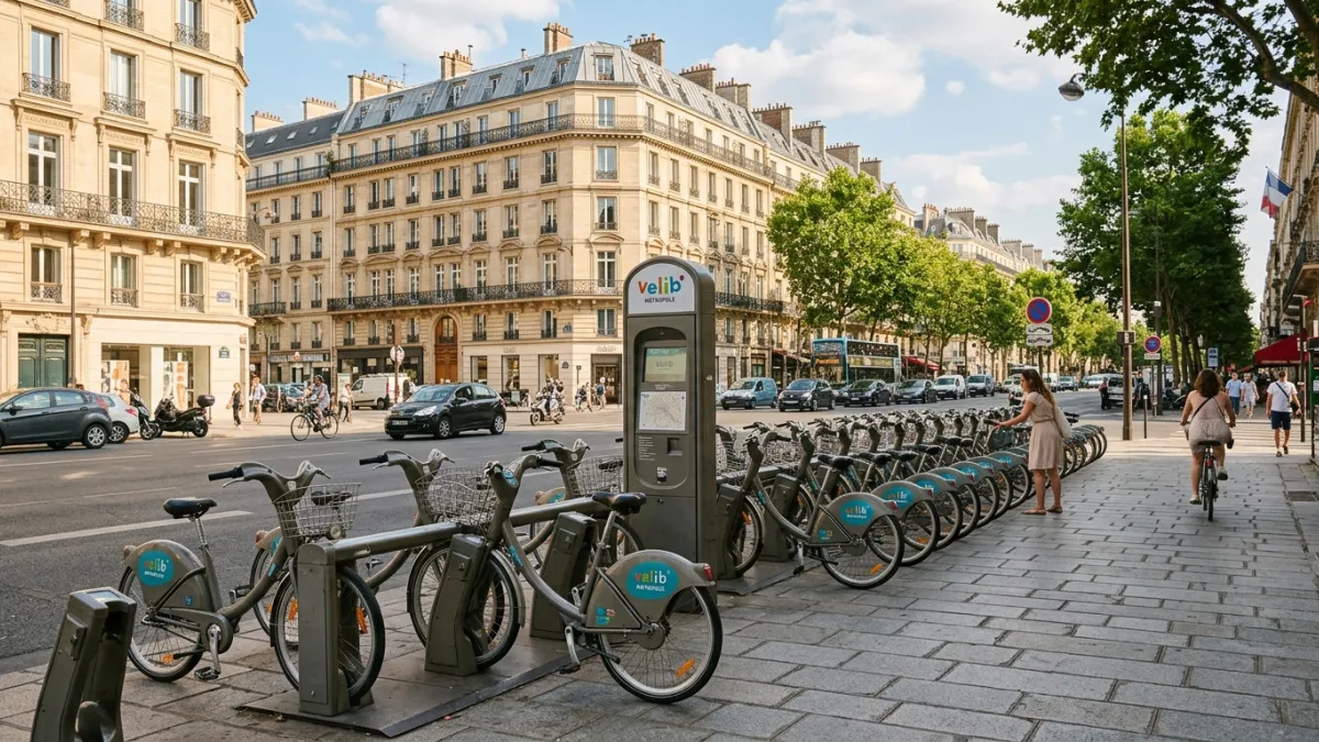 Une photo de vélos gris emblématiques garés à une station de vélos en libre-service sur un trottoir 