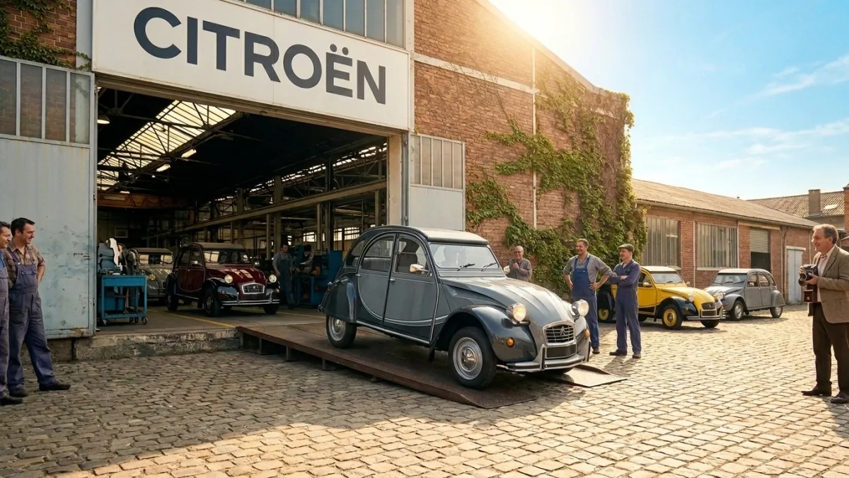 Une Citroën 2CV Charleston grise et noire sortant d'une usine de montage avec une atmosphère nostalg