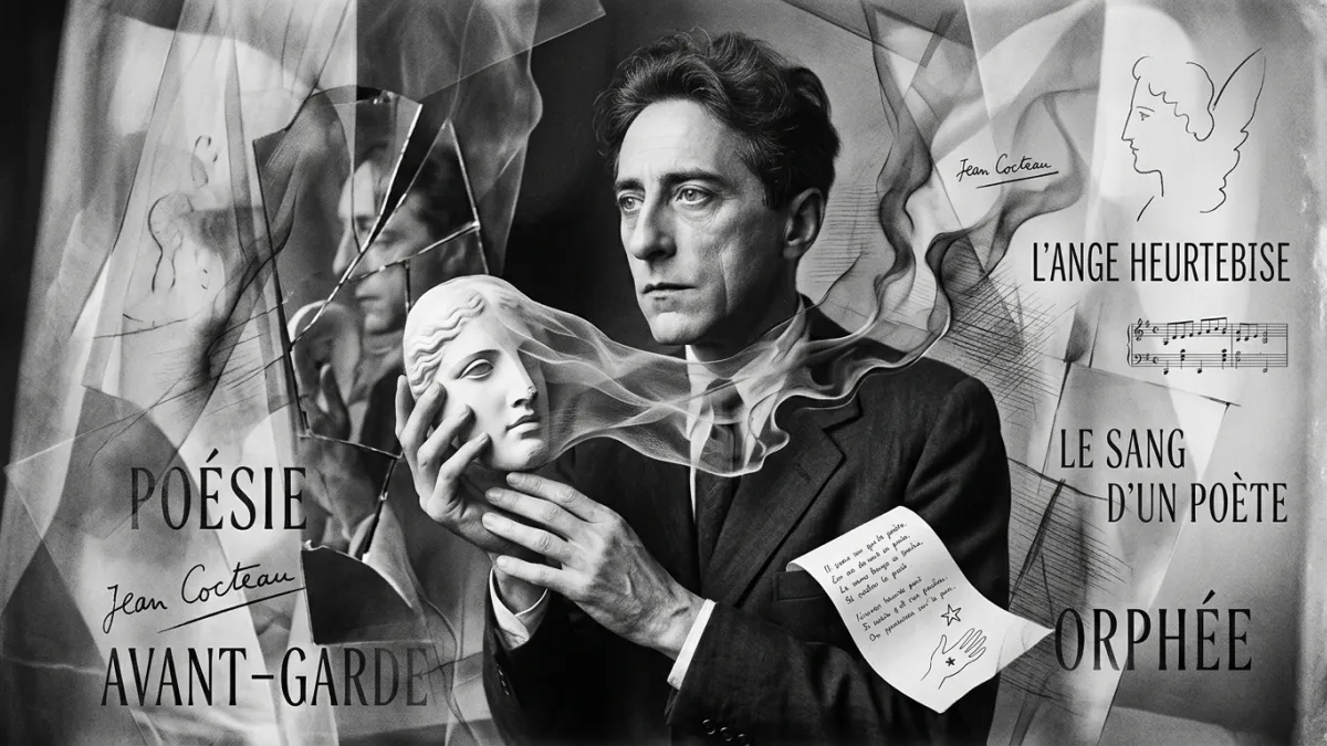 Un portrait artistique en noir et blanc de Jean Cocteau dans un style poétique et avant-garde.