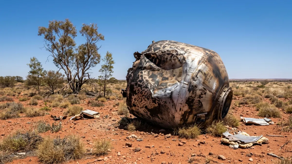 Un gros débris métallique calciné de la station Skylab gisant dans le bush australien sous un ciel d