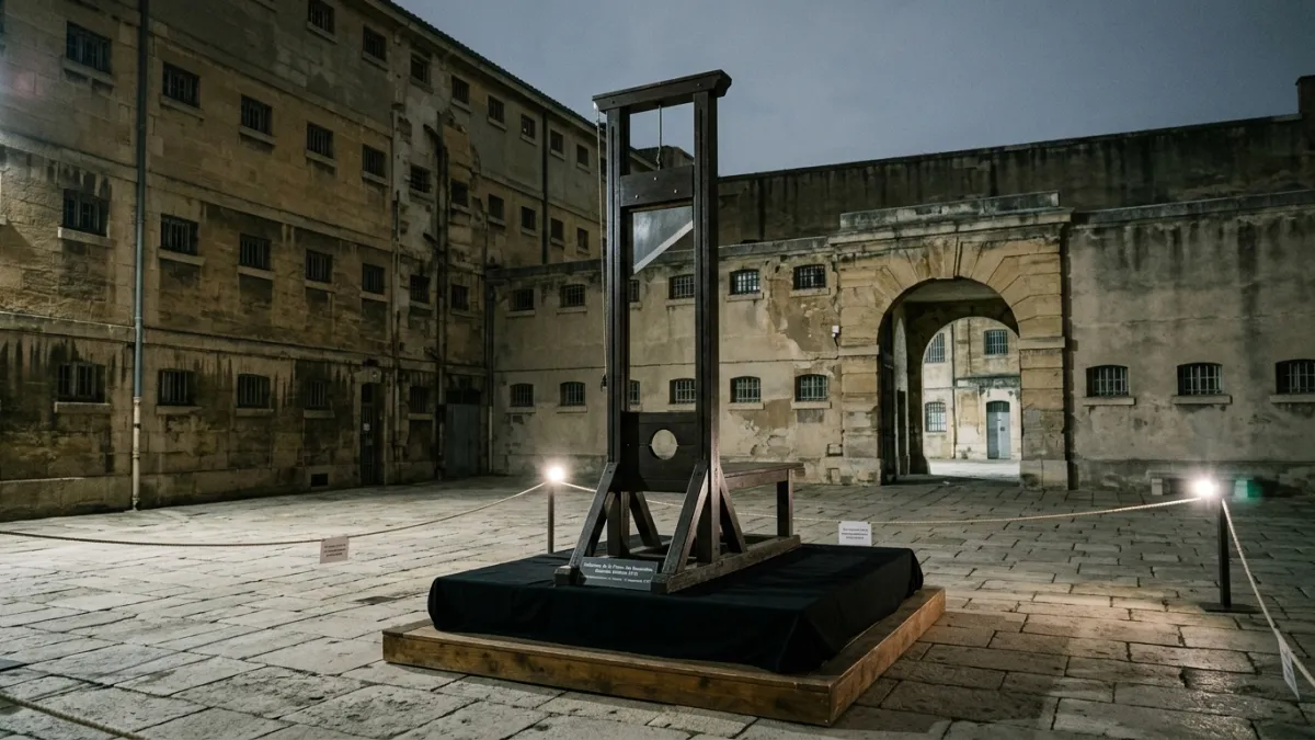 Une photo de la guillotine dans la cour de la prison des Baumettes