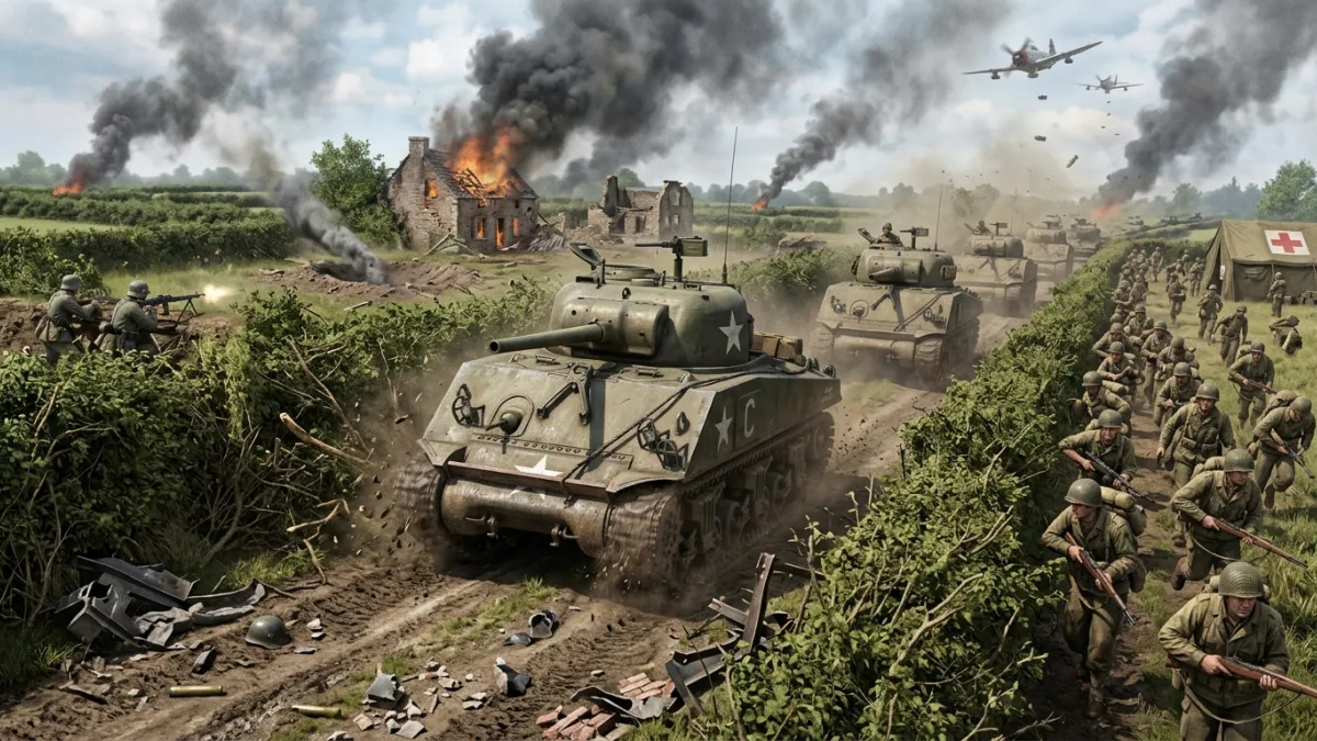 Une colonne de chars américains Sherman progressant à travers les haies du bocage normand et des déc