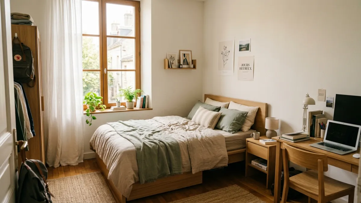 Une chambre d'étudiant contemporaine et lumineuse avec du mobilier en bois clair, des draps en lin a