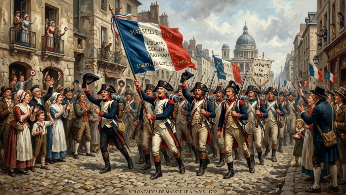 Une peinture historique montrant un groupe de volontaires marseillais en uniformes de la Révolution 