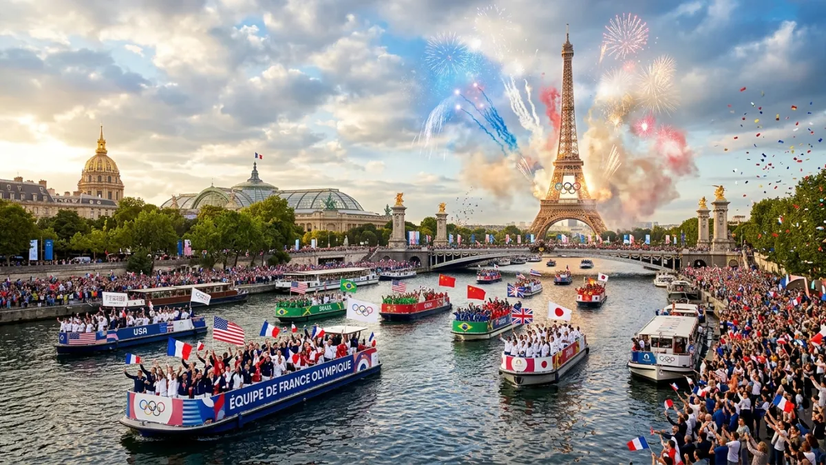 Une vue spectaculaire de la Seine à Paris avec une flottille de bateaux transportant des athlètes ol
