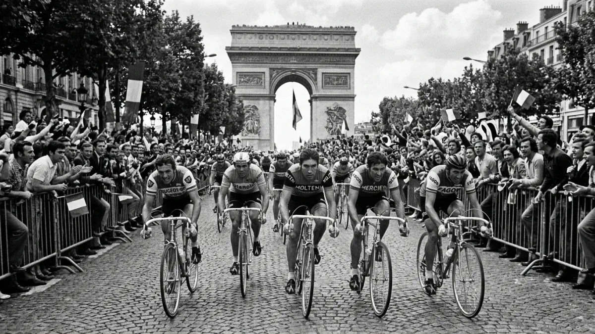 Photographie vintage de 1975 montrant des cyclistes du Tour de France en plein sprint sur les pavés 