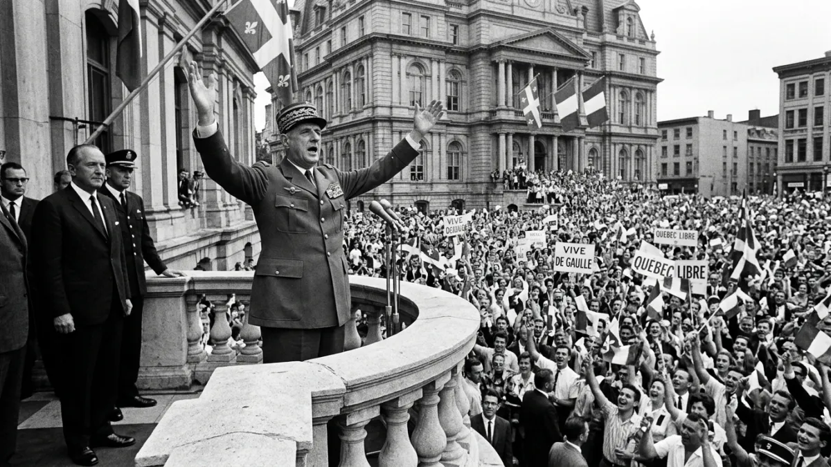 Une photographie historique en noir et blanc du Général Charles de Gaulle levant les bras au balcon 