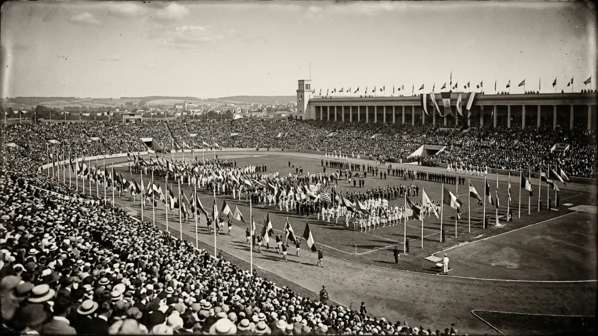 Une photographie ancienne en noir et blanc du stade de Colombes lors de la cérémonie d'ouverture des
