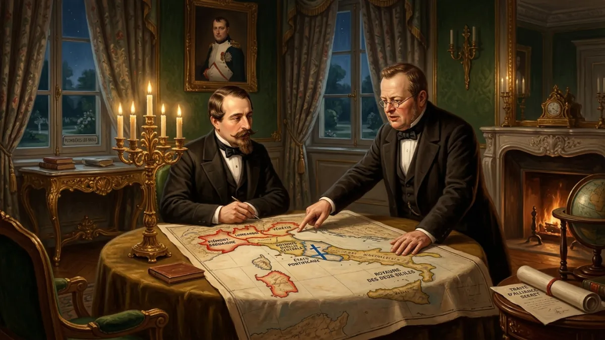 Une illustration historique montrant Napoléon III et le comte de Cavour en pleine discussion autour 