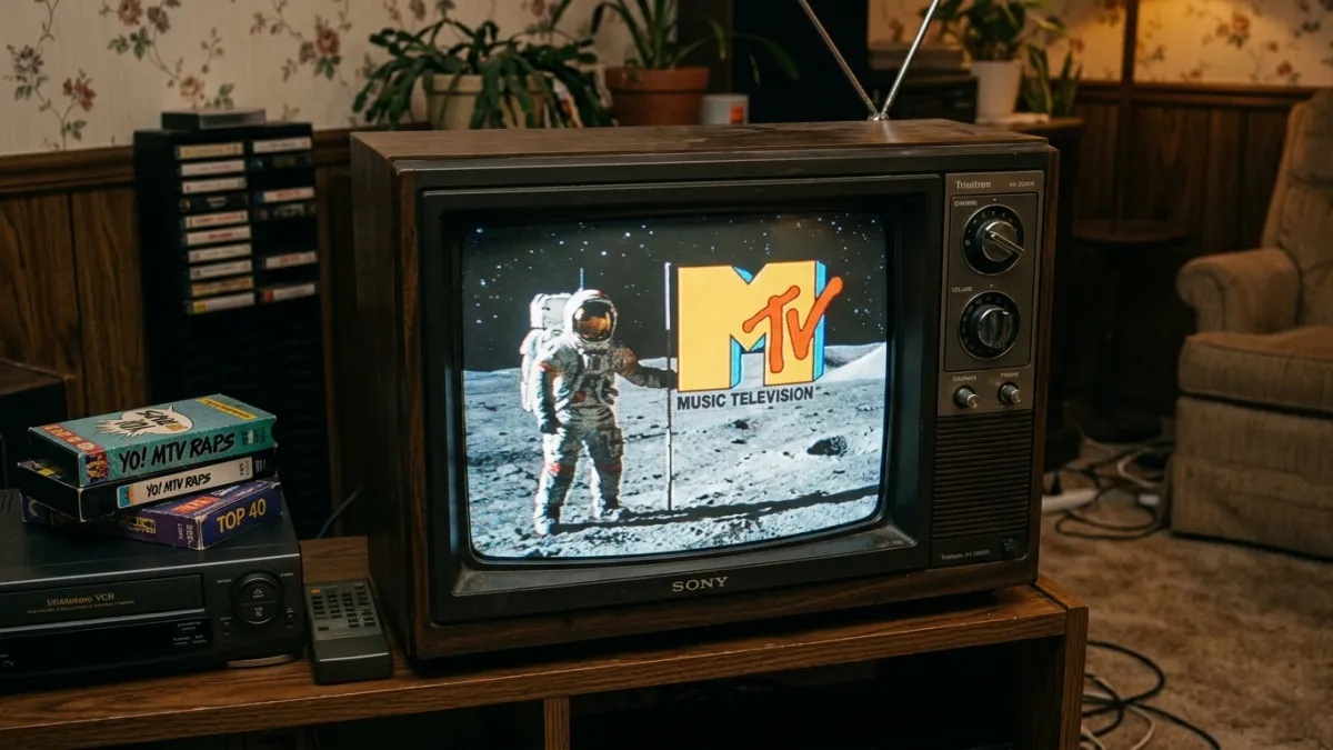 Une télévision cathodique vintage des années 80 affichant le logo original de MTV avec un astronaute