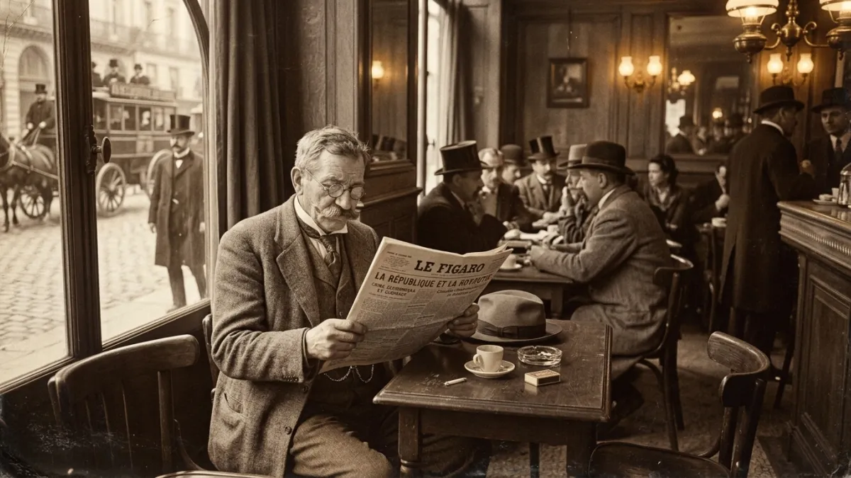 Une photo d'époque montrant un personnage en train de lire un journal

Modifications: La photo est t