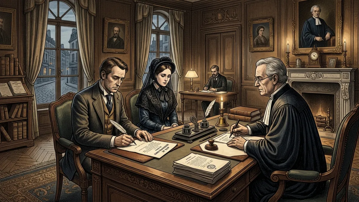 Une illustration historique d'un couple français du XIXe siècle se tenant devant un juge dans un bur