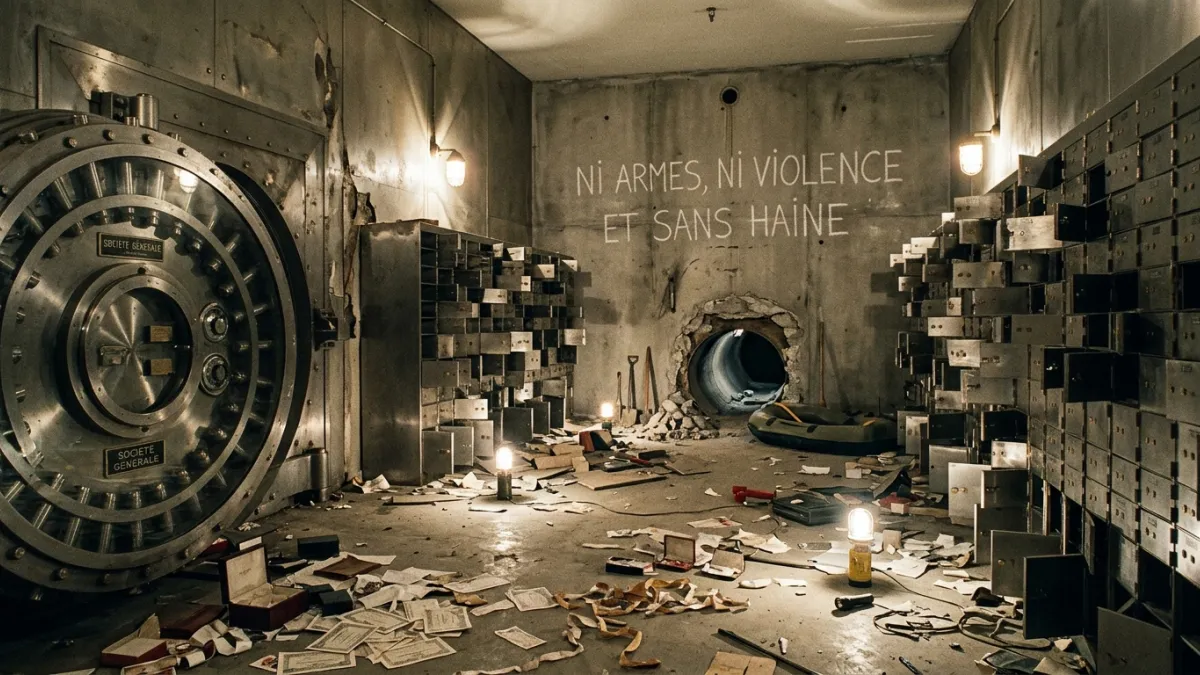 Une vue intérieure d'une chambre forte de banque des années 1970 avec des coffres fracturés et l'ins