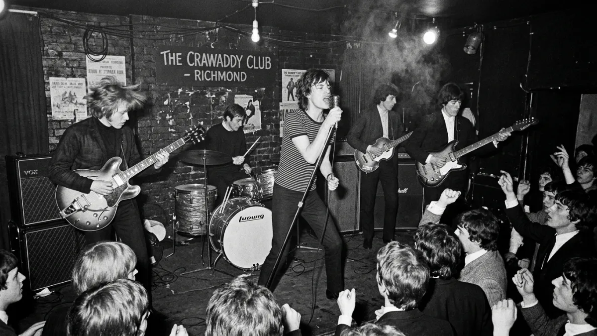 A vintage black and white photograph of a young rock band performing on a small, smoky stage in a 19