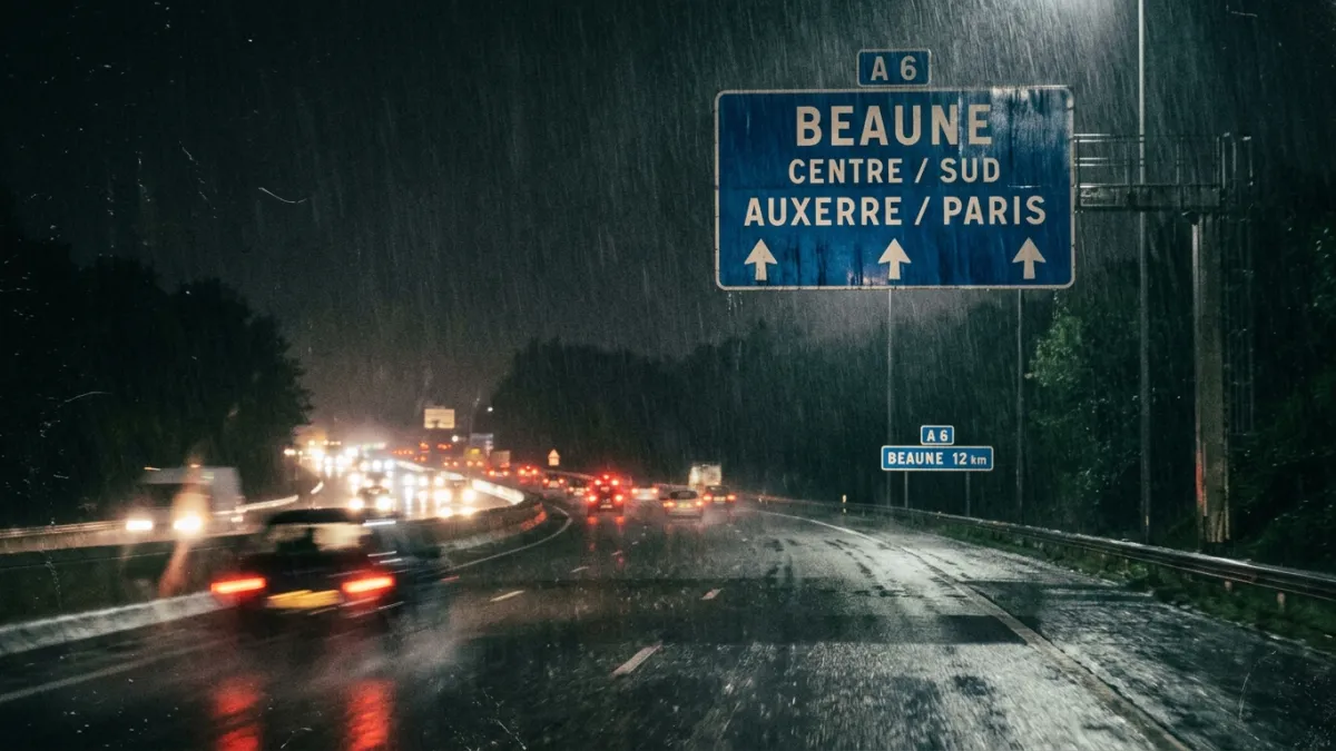 Une photographie d'époque d'un panneau d'autoroute indiquant Beaune sous une pluie battante la nuit,