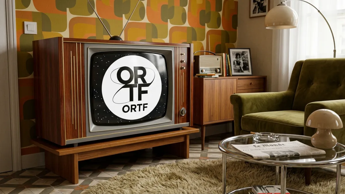 Une télévision vintage des années 1960 affichant le logo officiel de l'ORTF en noir et blanc dans un