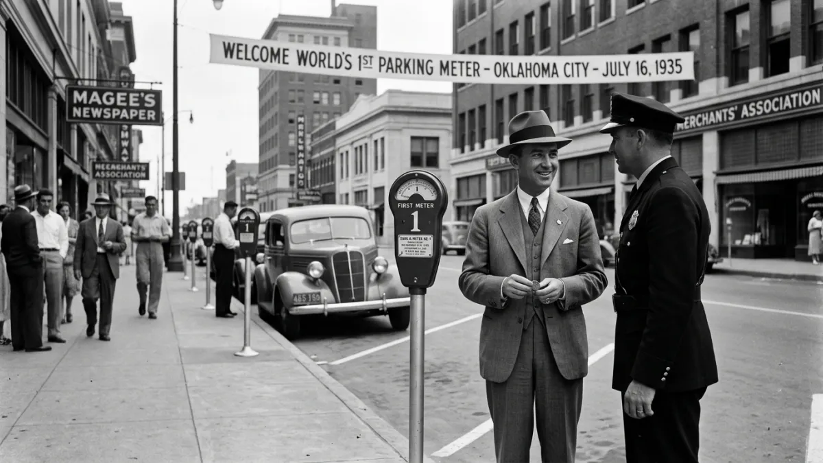 Une photographie vintage en noir et blanc du premier parcmètre 'Black Maria' installé sur un trottoi