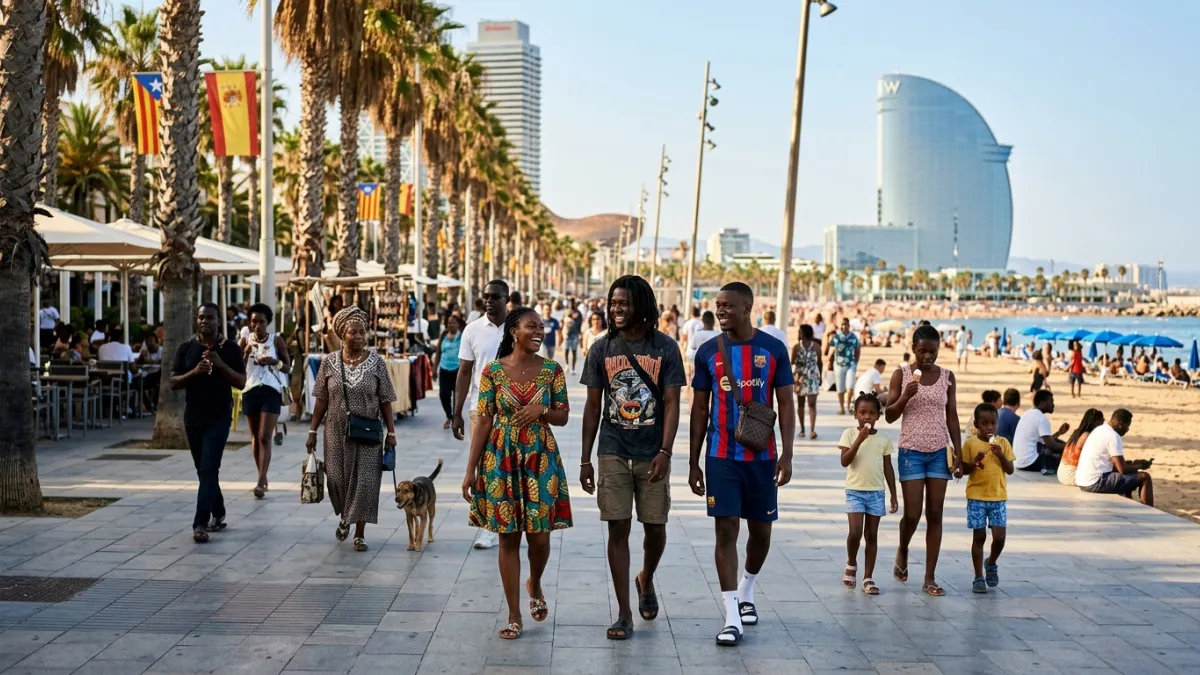 Images des remblais de Barcelone avec des passants qui sont tous d'origine africaine