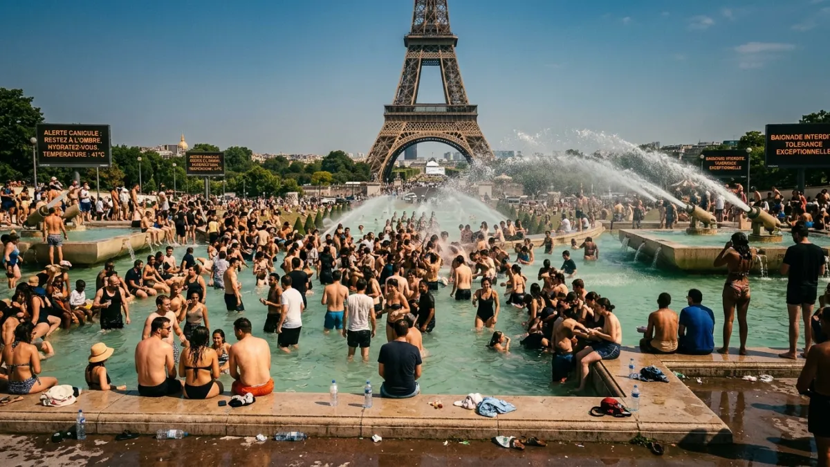 Des passants se rafraîchissant près des fontaines du Trocadéro à Paris lors d'une journée de canicul