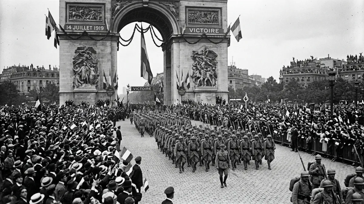 Photographie historique en noir et blanc du défilé de la Victoire le 14 juillet 1919, montrant des s