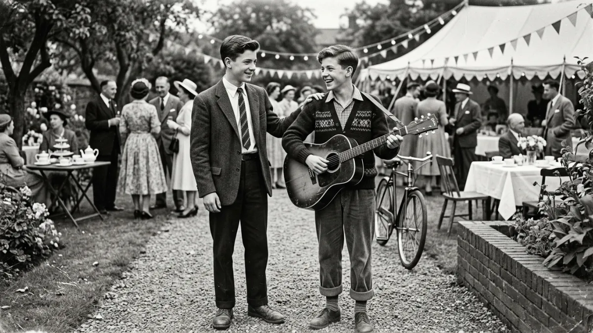 A vintage-style black and white photograph of two teenage boys in 1950s attire meeting at an outdoor