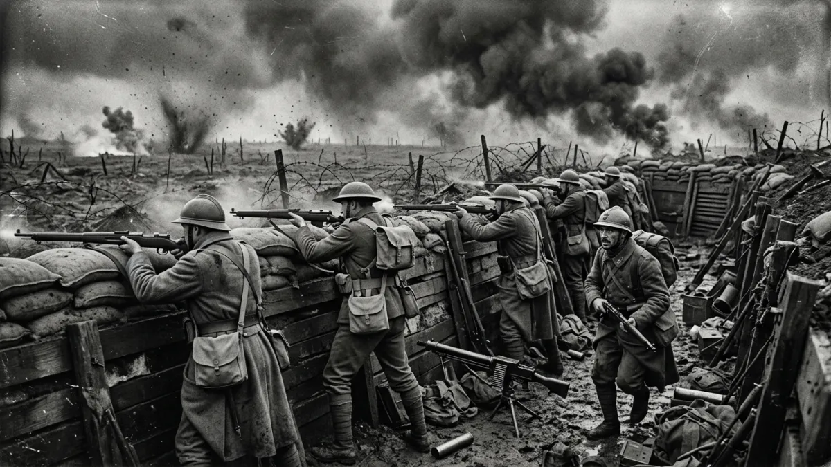Une photographie d'époque montrant des soldats alliés en uniforme de 1918 défendant leurs positions 