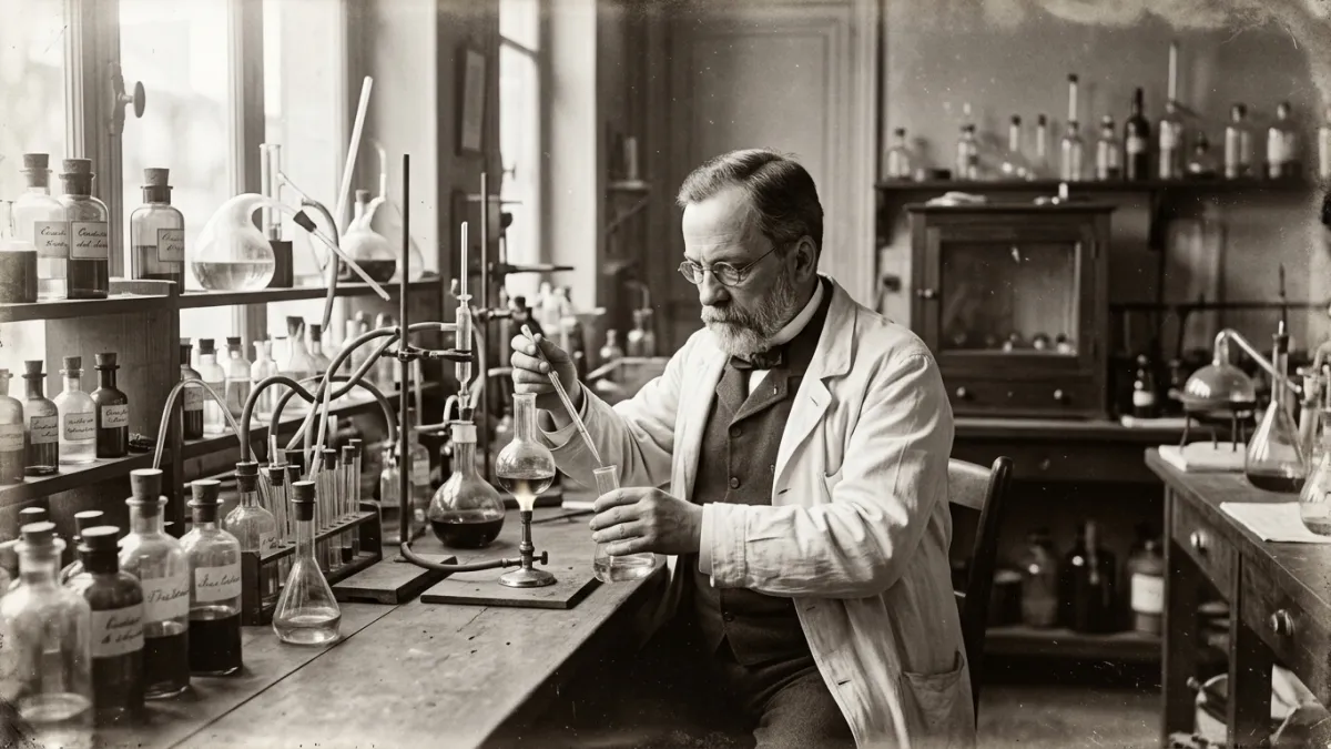Une photographie de style historique représentant Louis Pasteur dans son laboratoire du XIXe siècle,