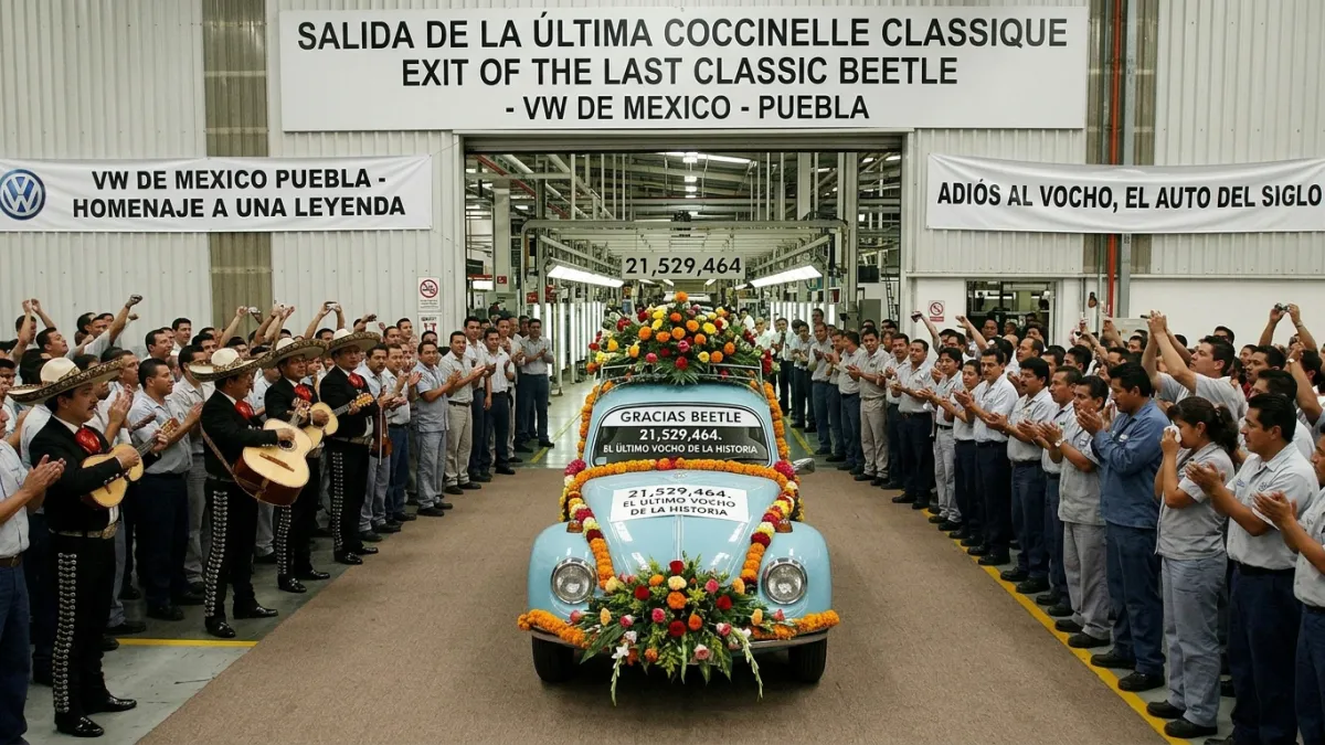 Une Volkswagen Coccinelle classique bleu clair ornée de guirlandes de fleurs lors de sa sortie de l'