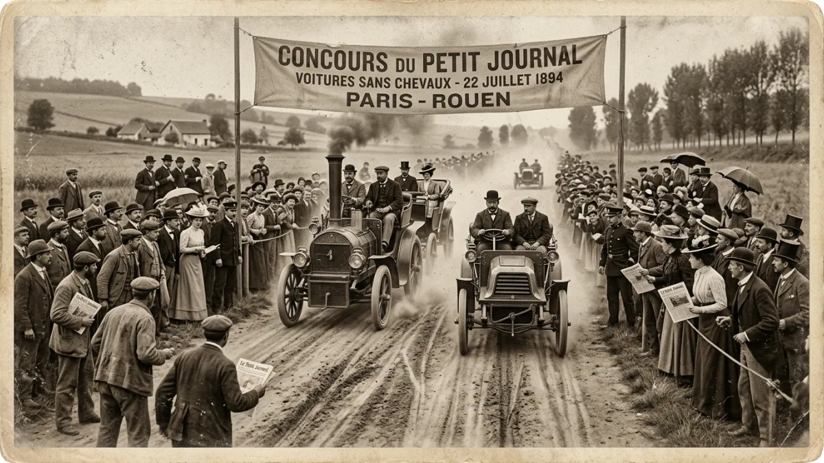 Une photographie de style ancien montrant des voitures pionnières de 1894 s'élançant sur une route d