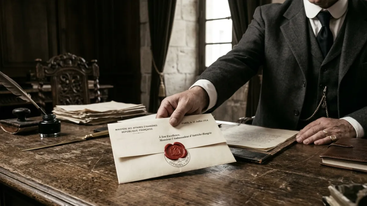 Une main d'homme en costume d'époque déposant une lettre officielle scellée d'un cachet de cire roug