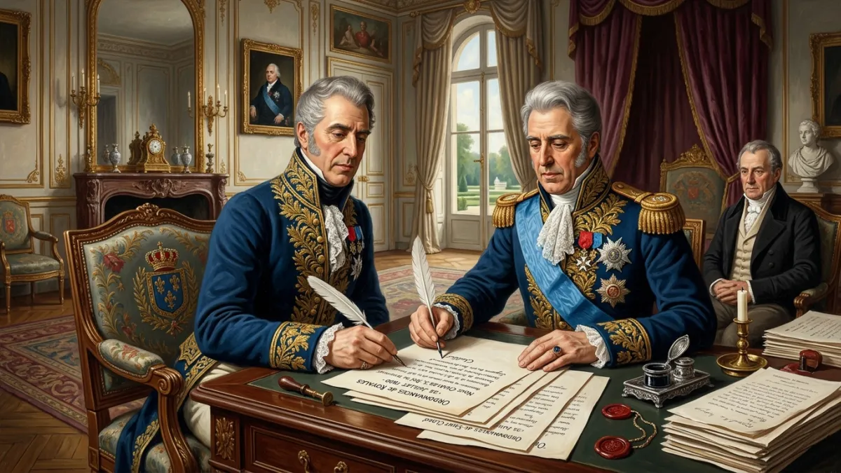 Une illustration historique montrant le roi Charles X en 1830, assis à son bureau au château de Sain