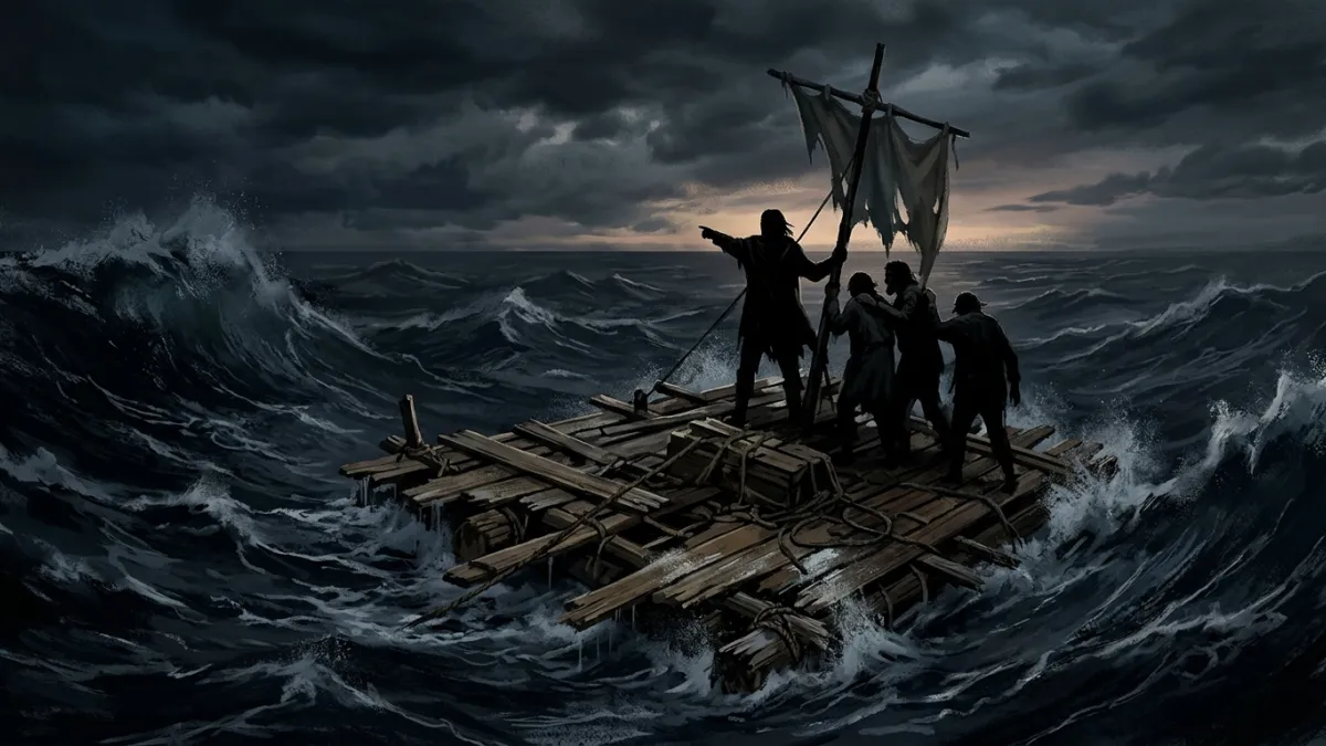 Une illustration dramatique d'un grand radeau de fortune en bois flottant sur une mer sombre et agit