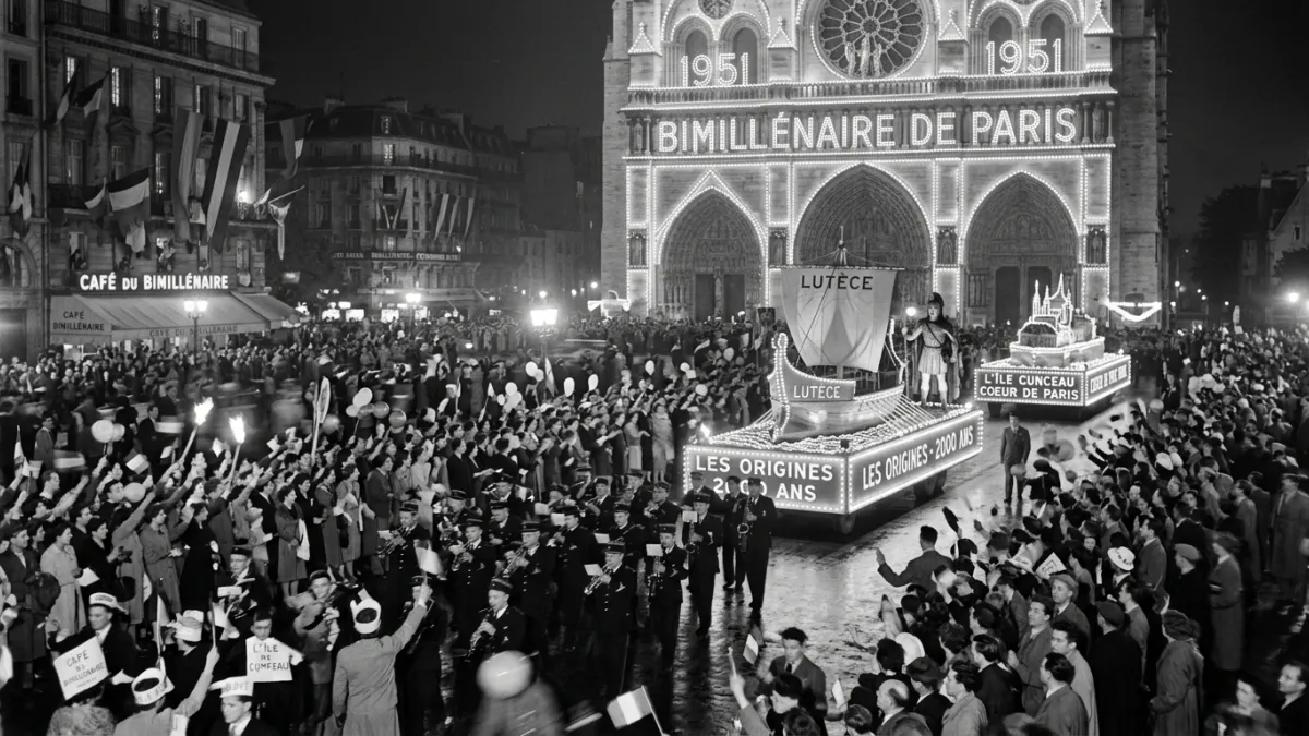 Une photographie vintage en noir et blanc montrant une parade festive et des Parisiens célébrant le 