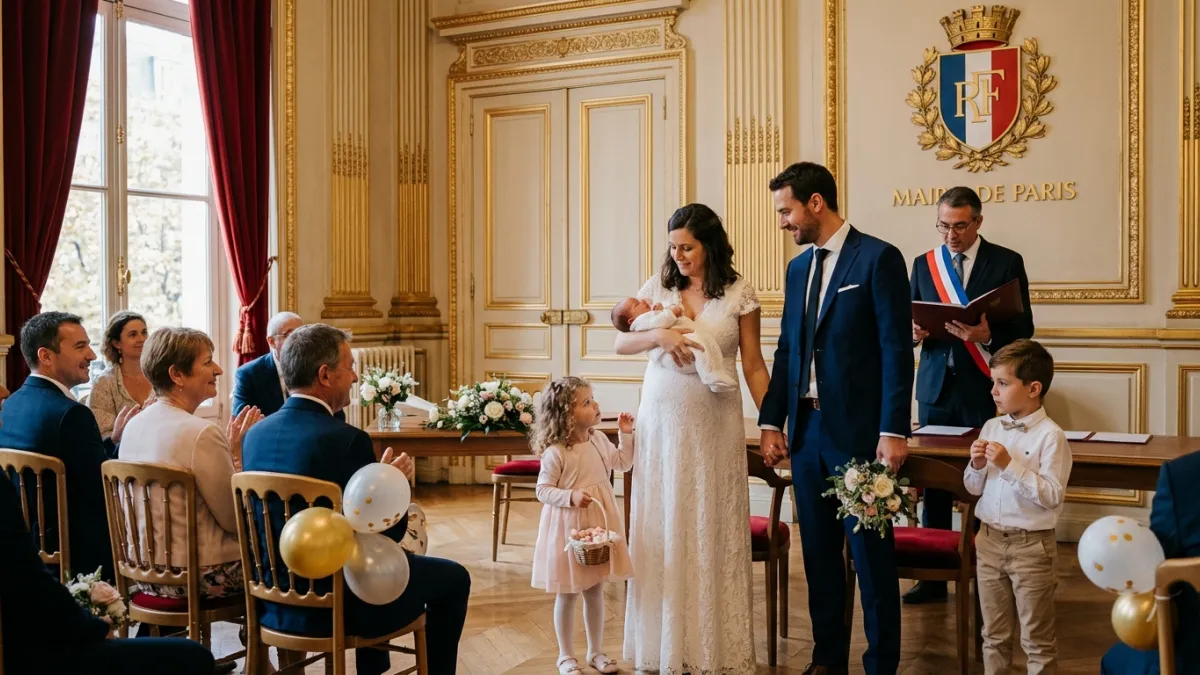 Dans une mairie parisienne, dans la salle des cérémonies, un mariage est en train d'être célébré. La