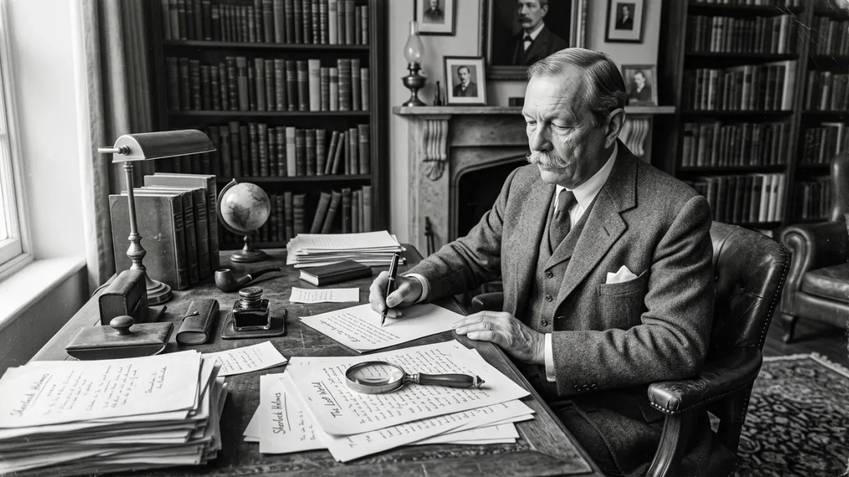 Un portrait vintage en noir et blanc de Sir Arthur Conan Doyle assis à son bureau d'écrivain avec un