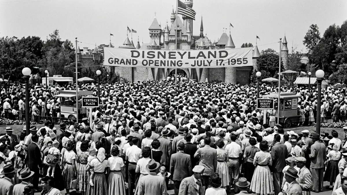 Une photographie historique en noir et blanc montrant la foule compacte de visiteurs en costumes des