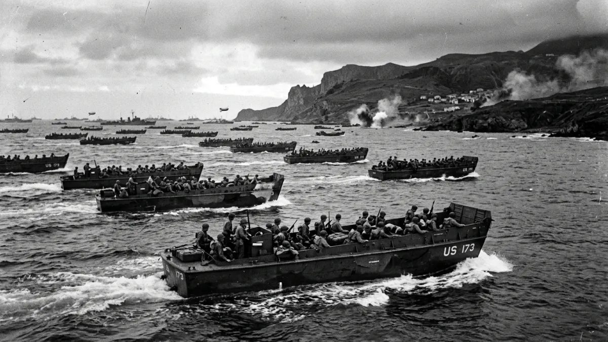 Photographie historique en noir et blanc montrant des barges de débarquement alliées approchant les 
