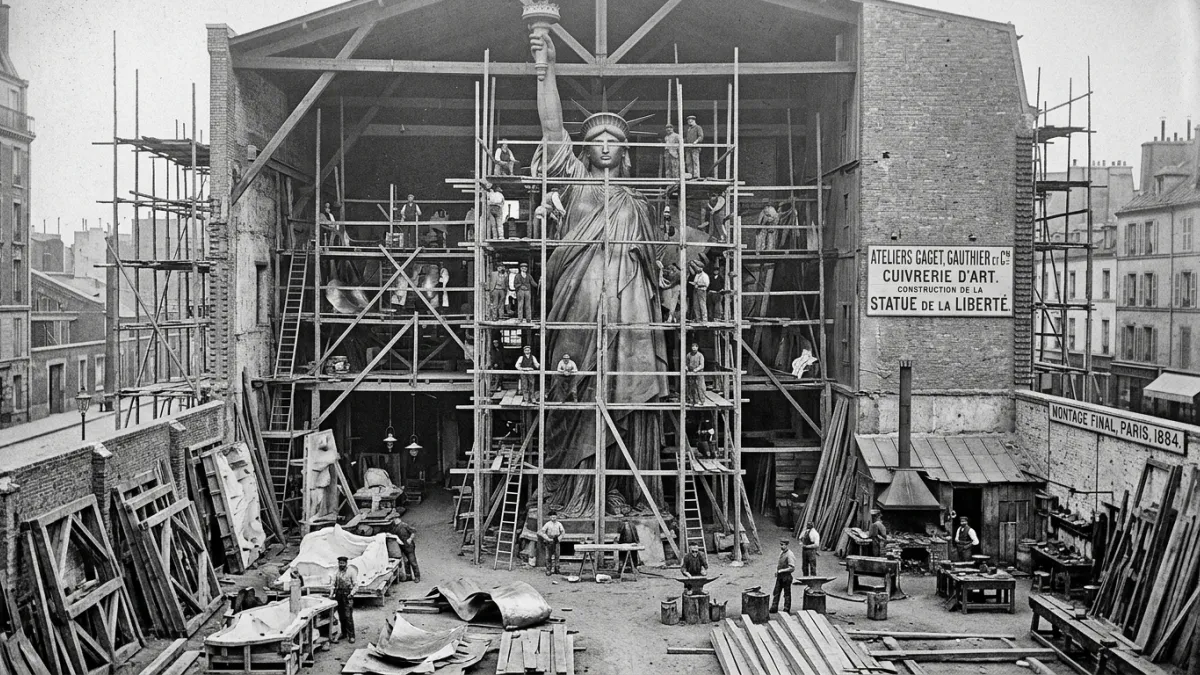 Une photographie historique en noir et blanc montrant la Statue de la Liberté en cours de constructi