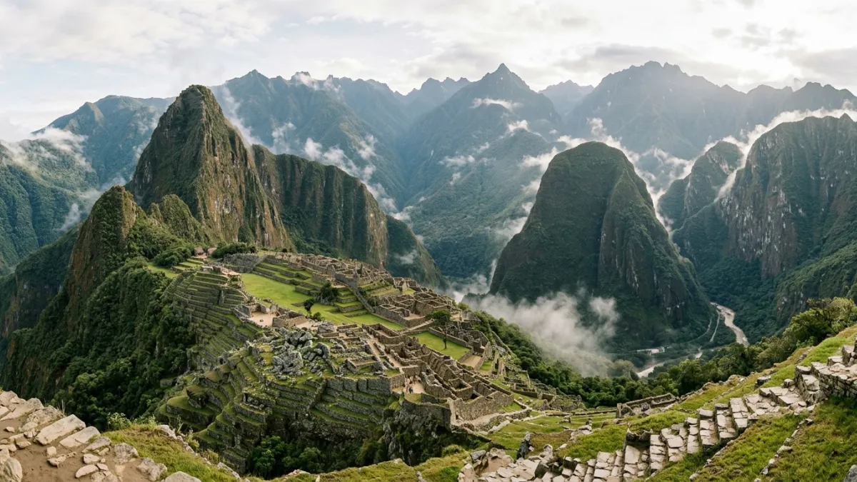 Une photographie panoramique des ruines majestueuses du Machu Picchu entourées par les montagnes esc