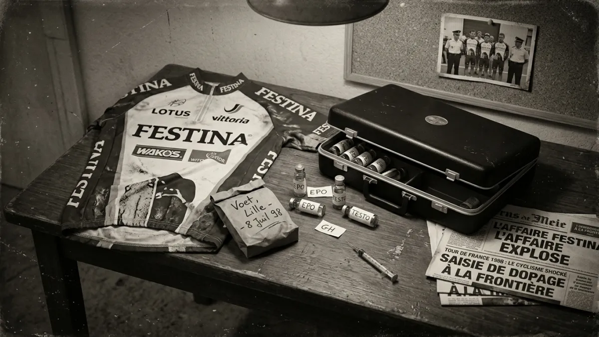 Une photo d'archive stylisée d'un maillot de l'équipe cycliste Festina posé à côté d'une mallette mé