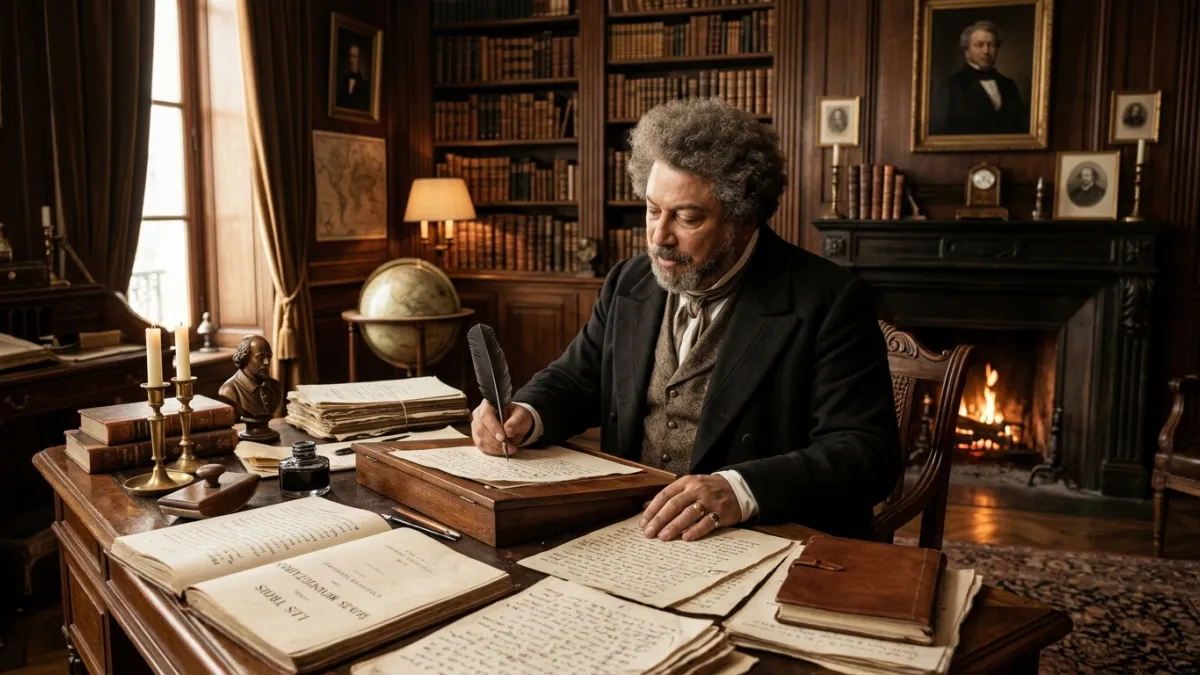 Un portrait historique d'Alexandre Dumas à son bureau, avec une plume d'oie et des manuscrits ancien