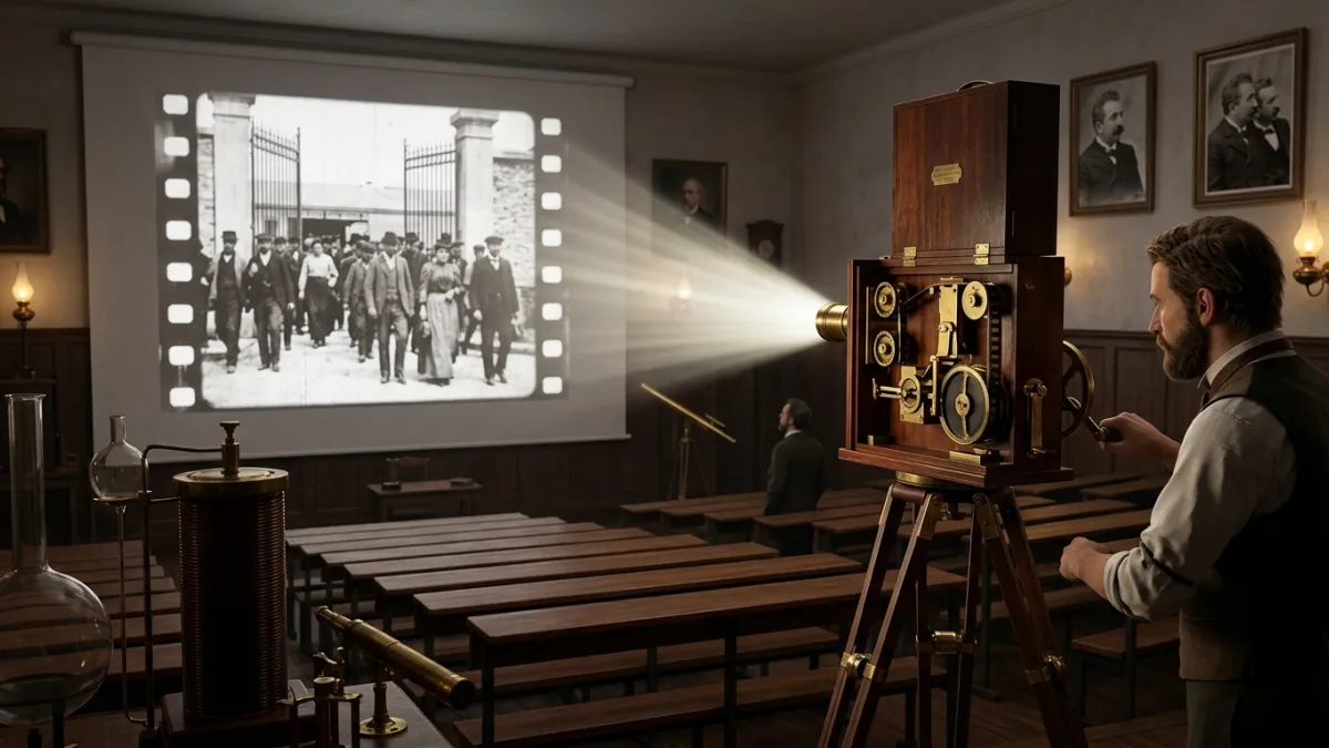 A vintage Lumière brothers' Cinématographe projector from 1895, made of dark wood and brass, standin