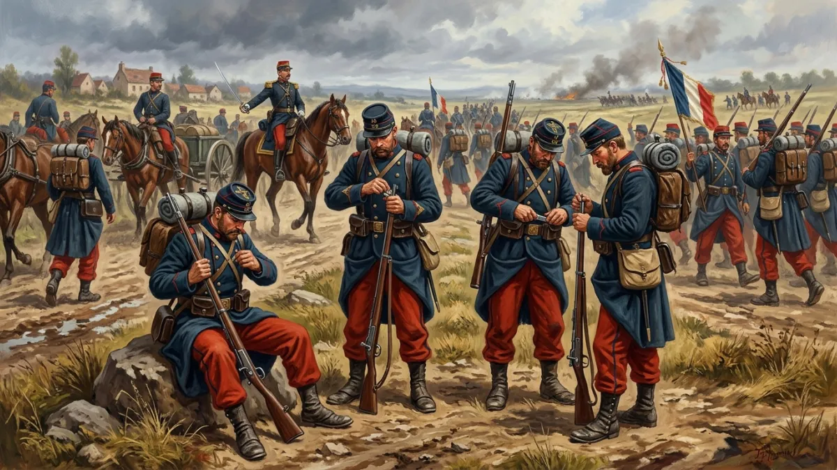 Une illustration historique montrant des soldats français en uniforme du Second Empire, portant le k