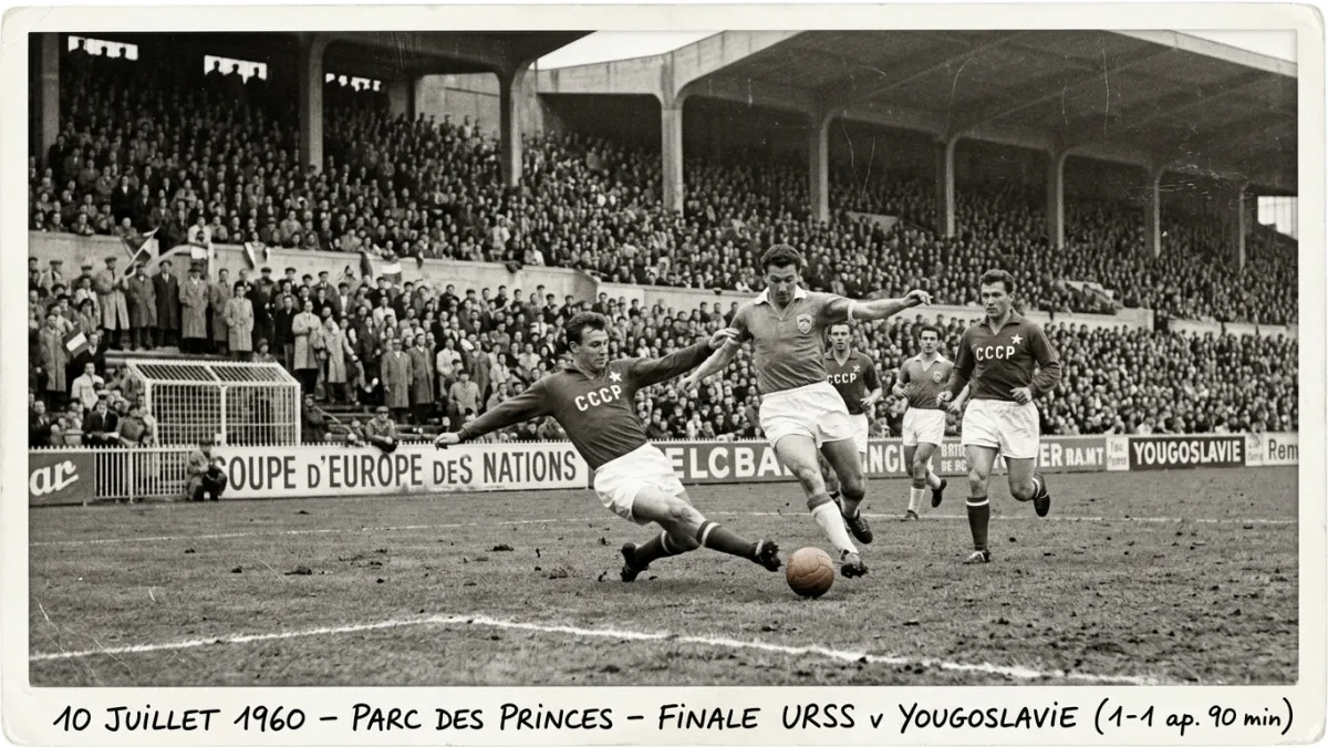 A vintage 1960s black and white photograph of a football match action at Parc des Princes, showing p